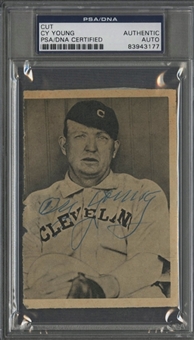 Cy Young Extremely Bold Signed Newspaper Photograph (PSA/DNA)